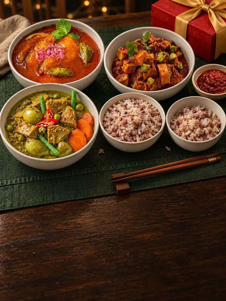Pinxin plant-based Penang curries with multigrain rice and sambal on a family table, with a red Double 11 gift box / 品馨纯植物槟城咖喱菜配杂粮饭和参巴，家庭餐桌上，旁边是双11红色礼盒